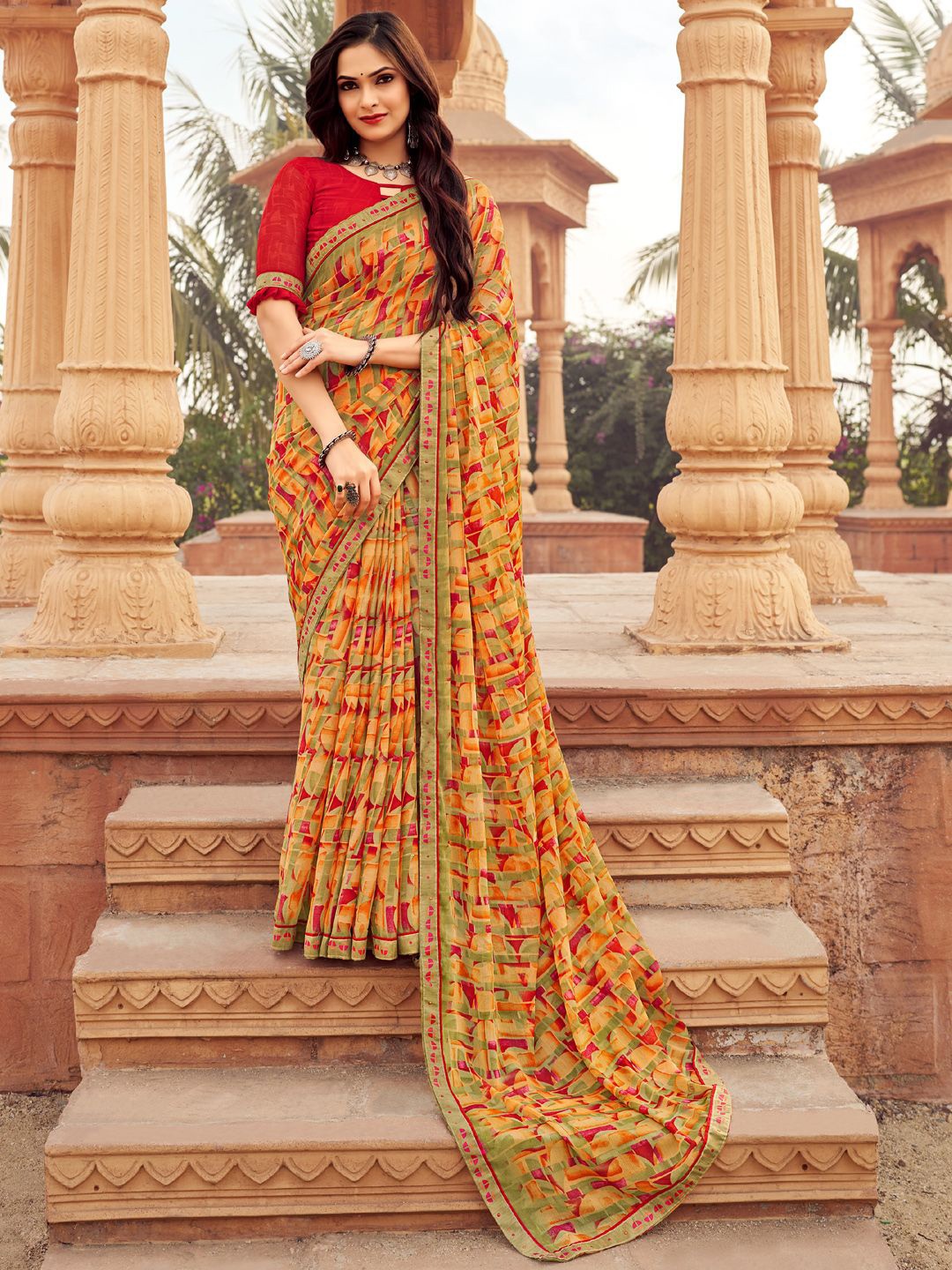 

DIVASTRI Printed Daily Saree With Unstitched Blouse Piece, Orange