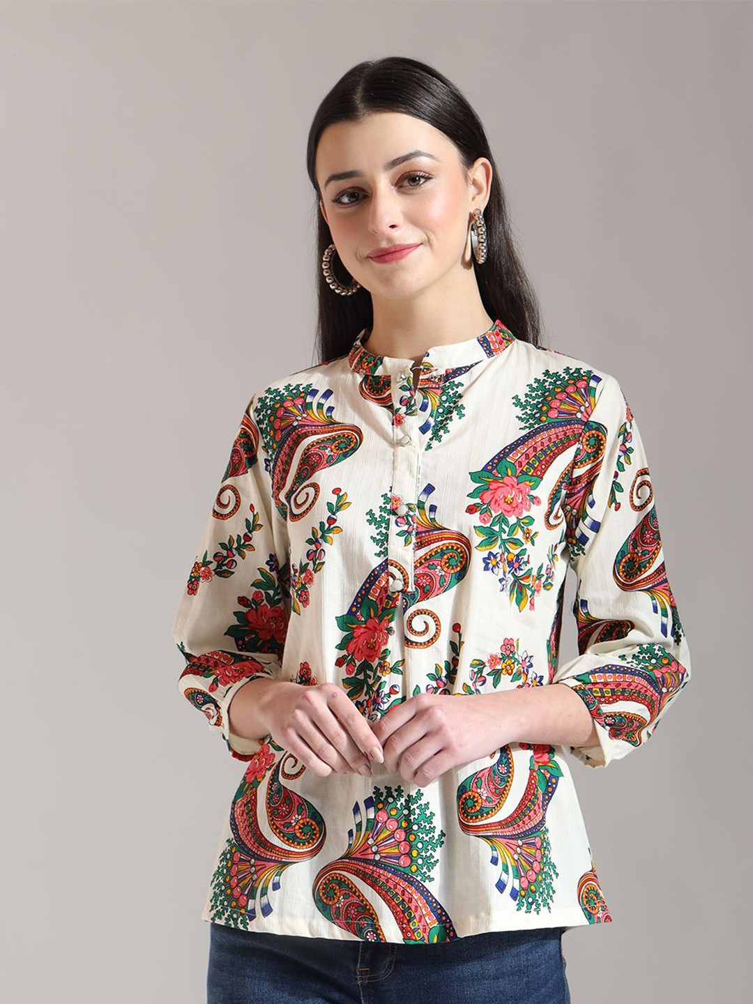 

Yufta Paisley Printed Mandarin Collar Puff Sleeve Cotton Top, Cream