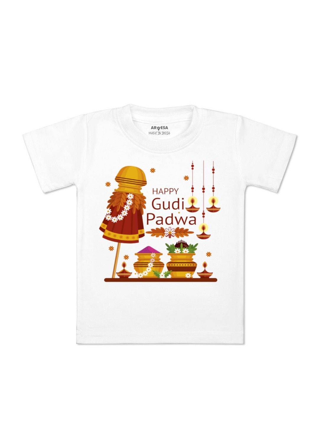 

Arvesa Happy Gudi Padwa Printed Kids Unisex T-shirt, White