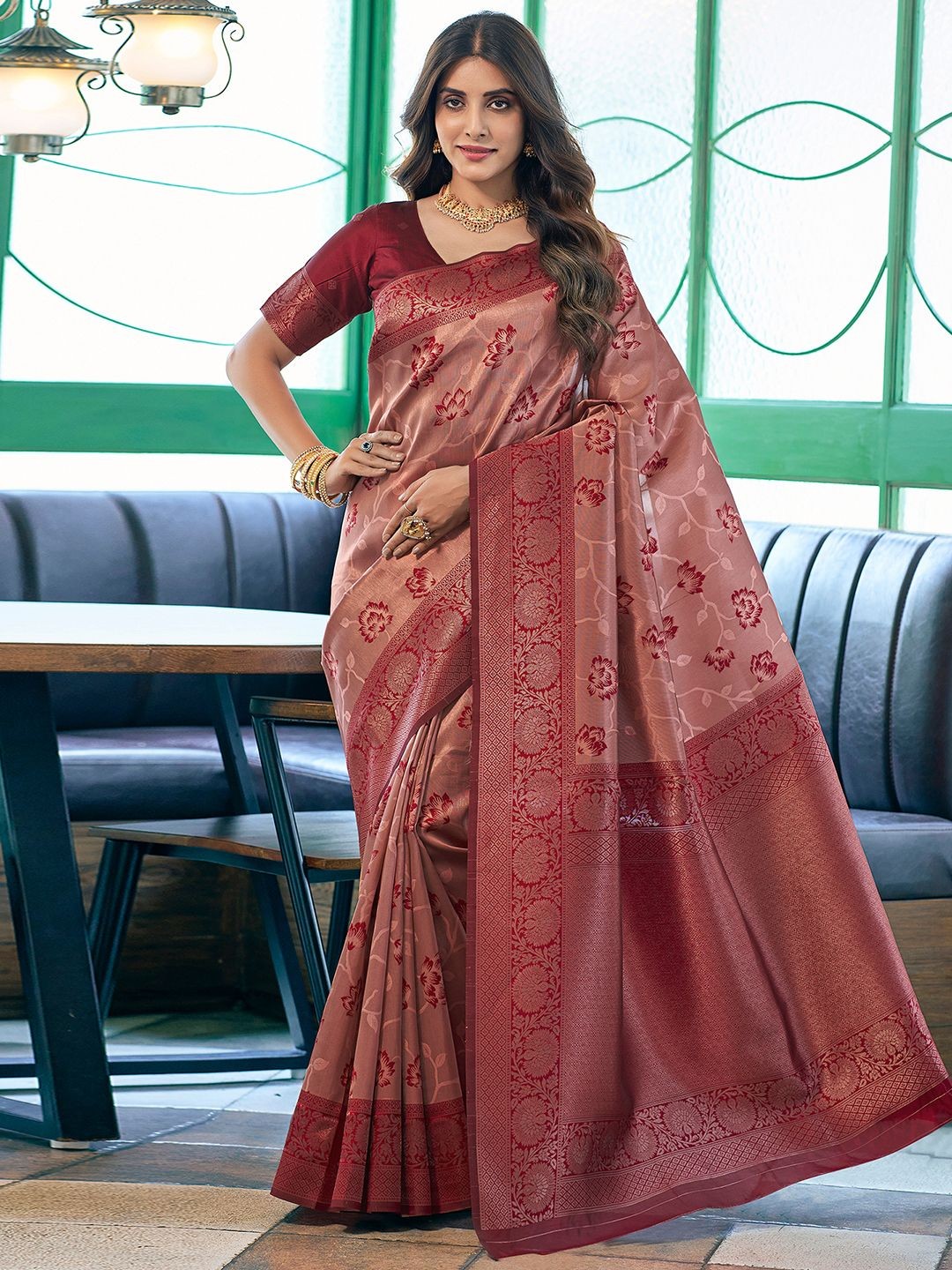 

Sangria Woven Design Banarasi Saree With Blouse Piece, Peach