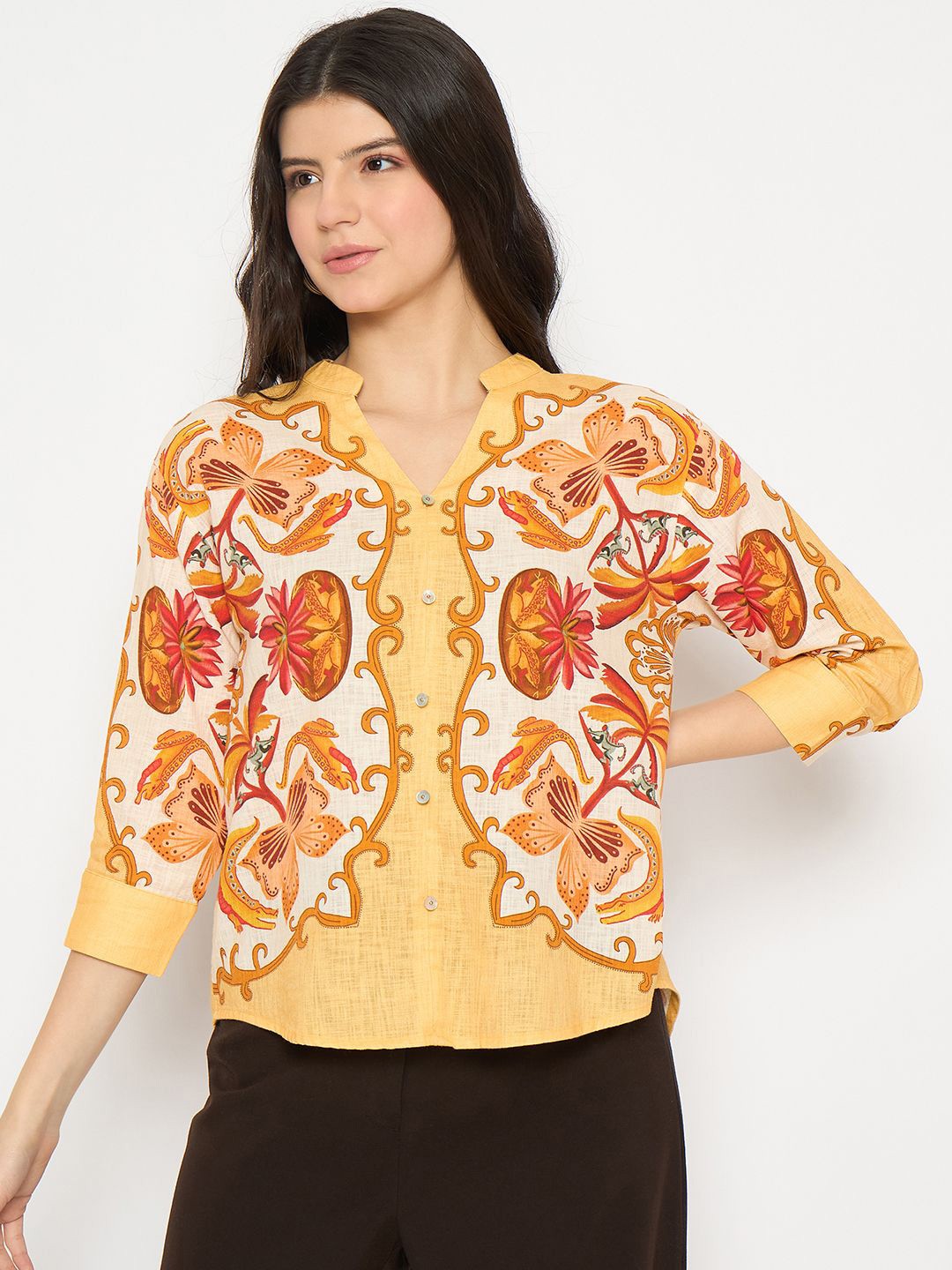 

Madame Print Mandarin Collar Cotton Shirt Style Top, Yellow
