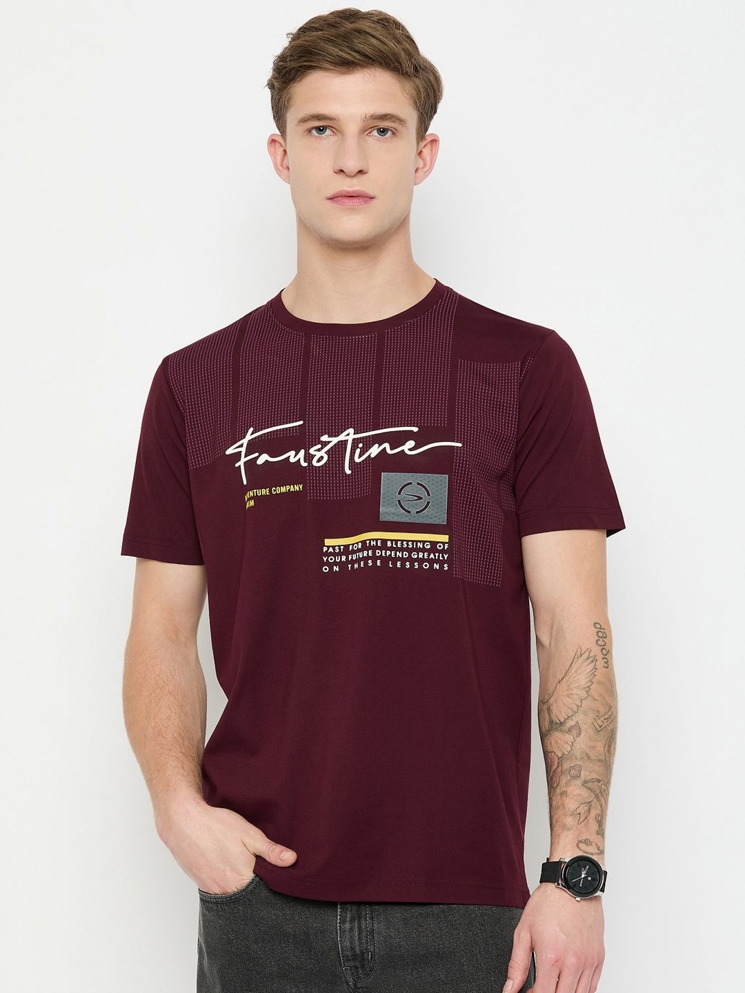 

Duke Men Typography Printed Round Neck Cotton T-shirt, Maroon