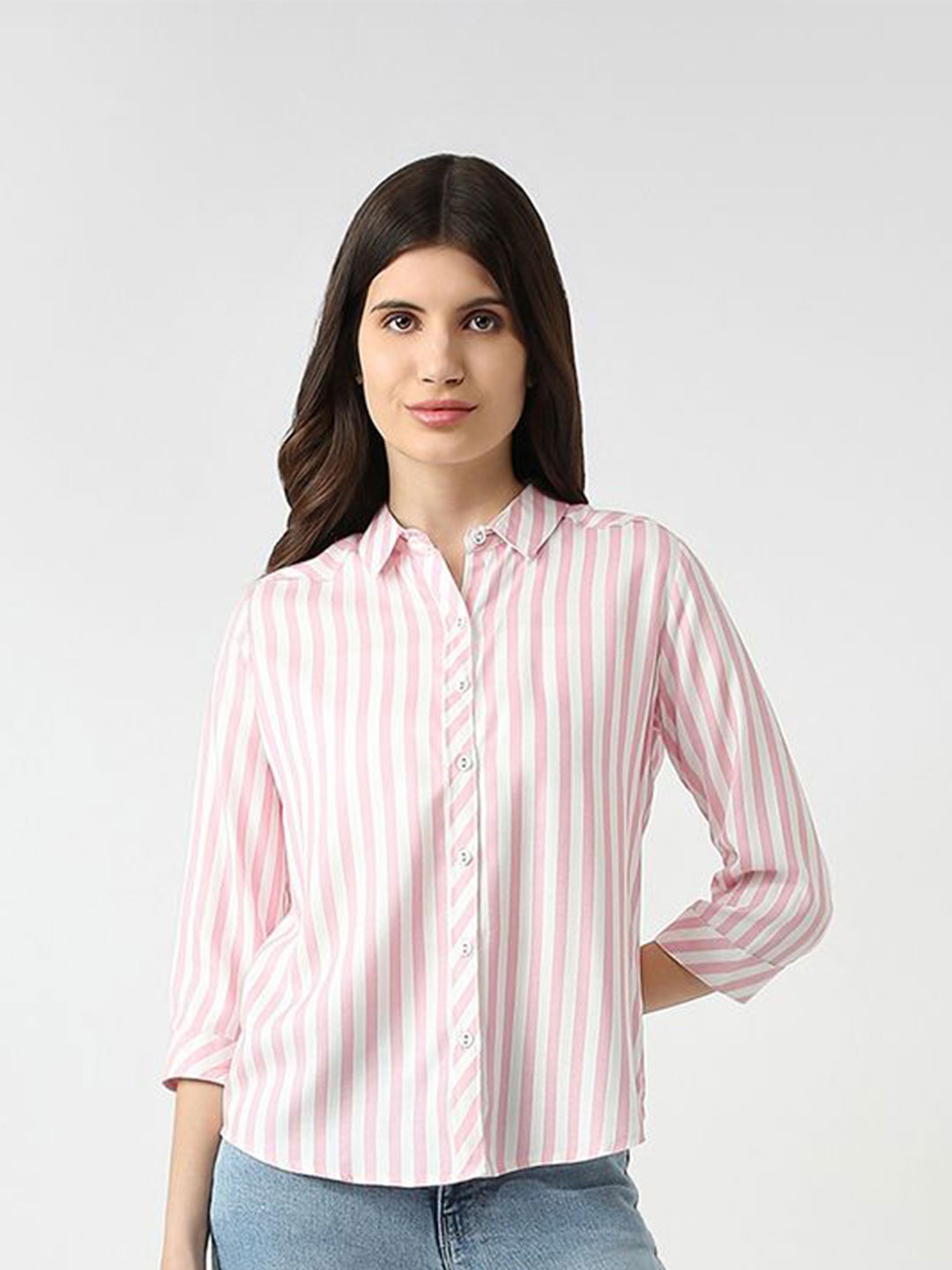 

Kraus Jeans Women Slim Fit Opaque Striped Casual Shirt, Pink