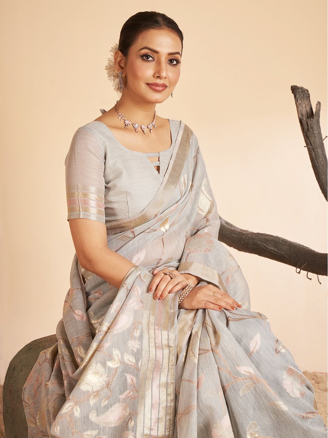 

SARHAFloral Zari Chanderi Saree, Grey