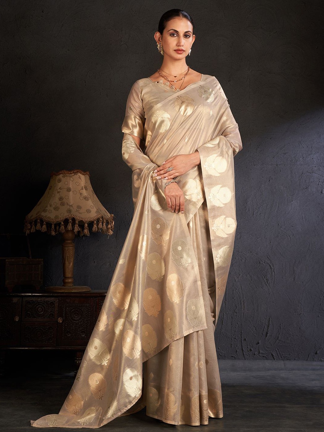 

SARHAFloral Zari Tissue Saree, Beige