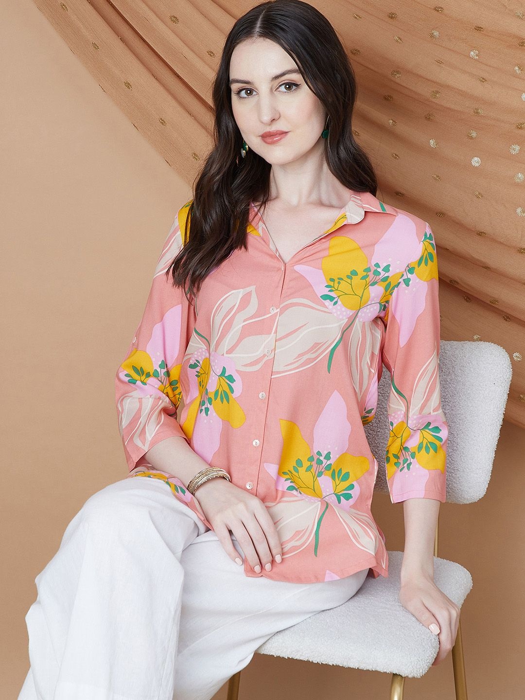 

Melange by Lifestyle Women Floral Printed Shirt Collar Kurti, Peach