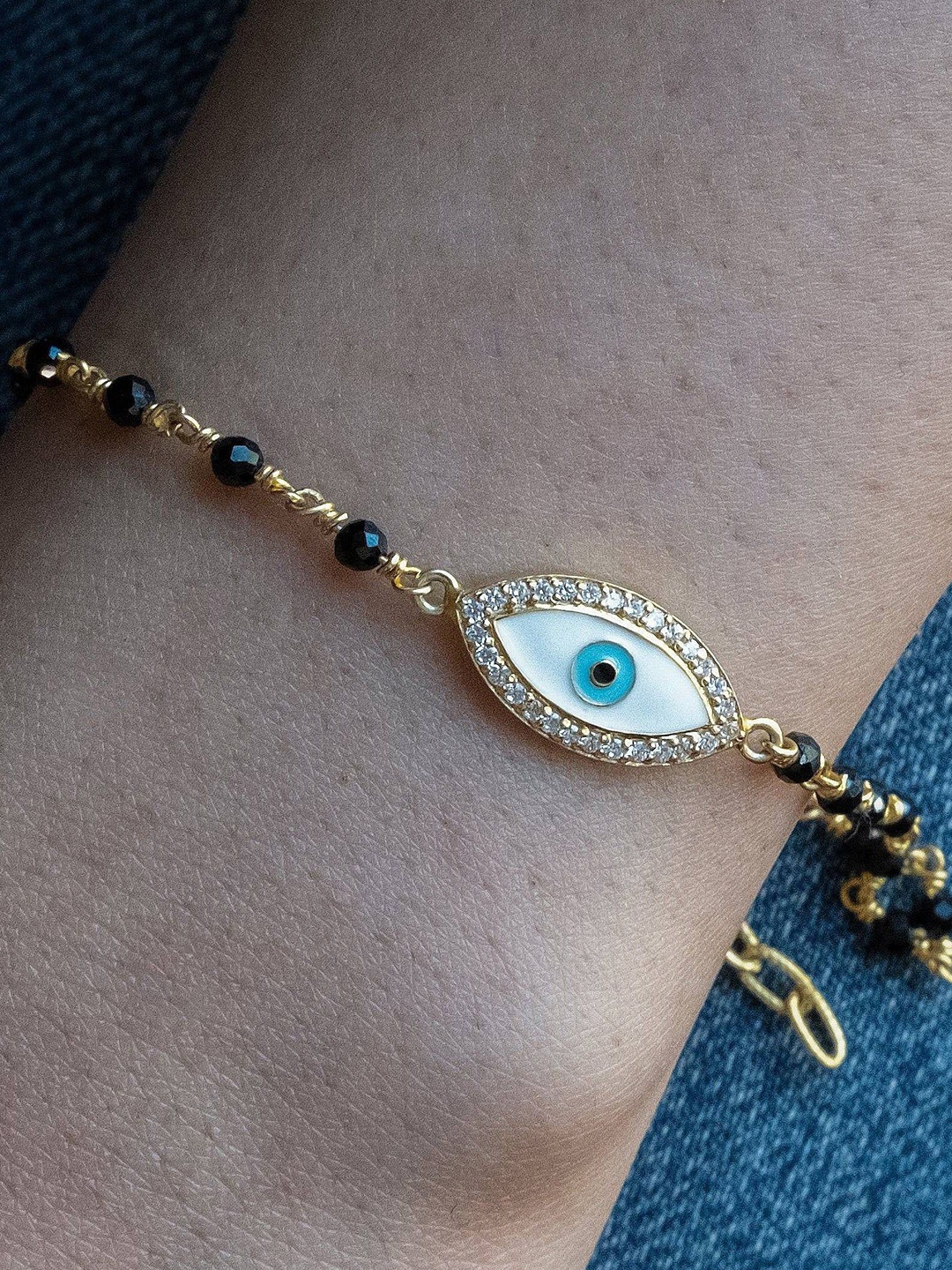 

Anushka Jain Jewellery 925 Sterling Silver CZ Gold-Plated Evil Eye Mangalsutra Bracelet