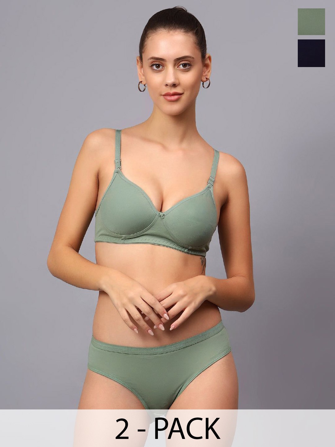 

Designer Bugs Pack Of 2 Cotton Non Padded Non Wired Lingerie Set NPLS-O-NB-30B, Olive