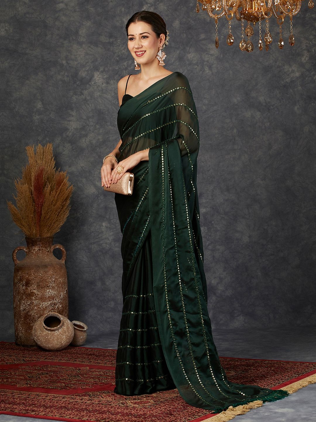 

Sangria Embellished Saree With Blouse Piece, Green
