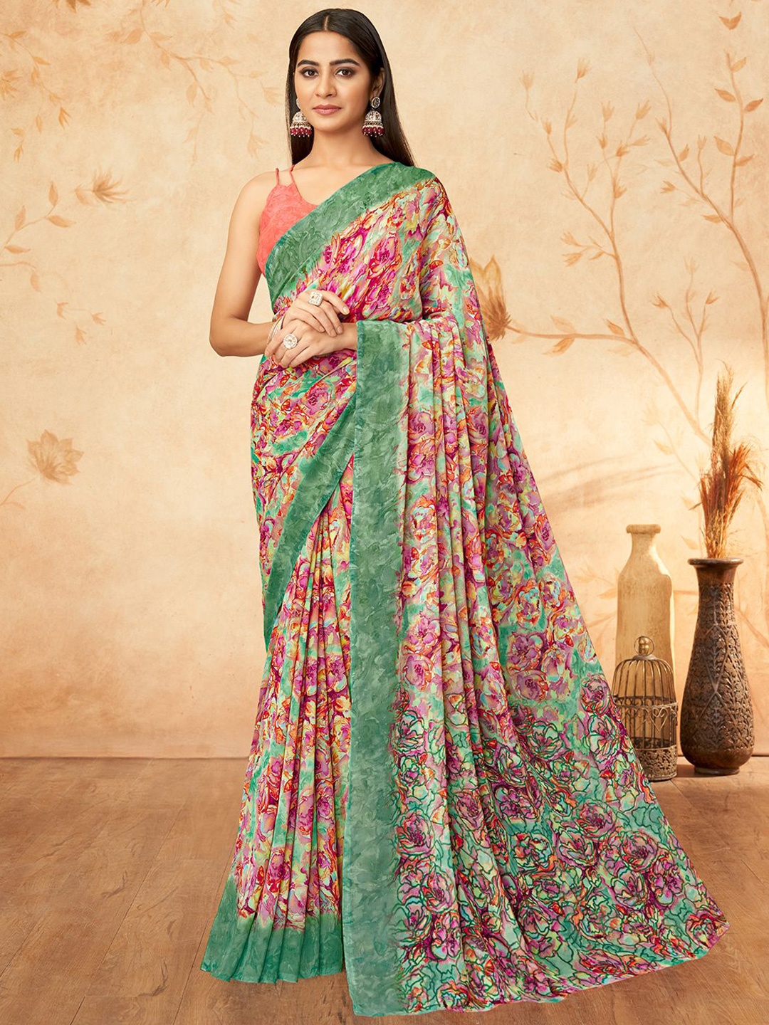 

DIVASTRI Floral Printed Saree with Blouse Piece, Green
