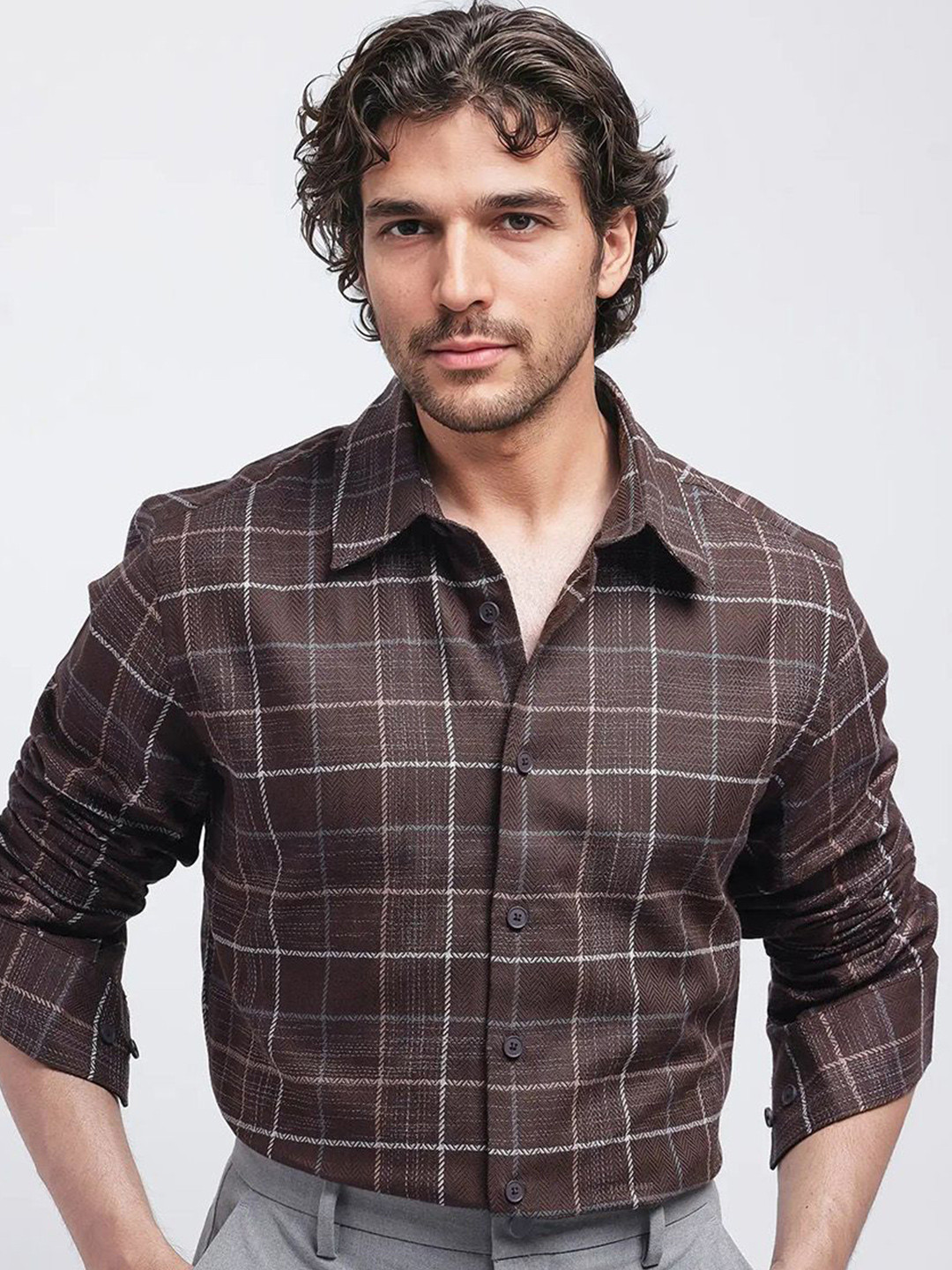 

RARE RABBIT Men Comfort Windowpane Checks Opaque Checked Casual Shirt, Brown