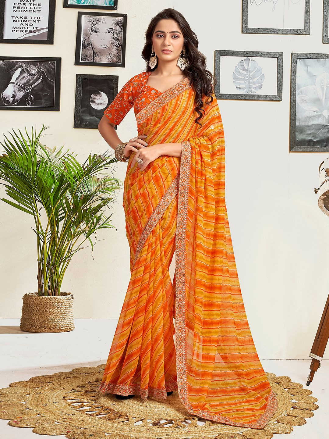 

Sangria Leheriya Striped Saree With Blouse Piece, Orange