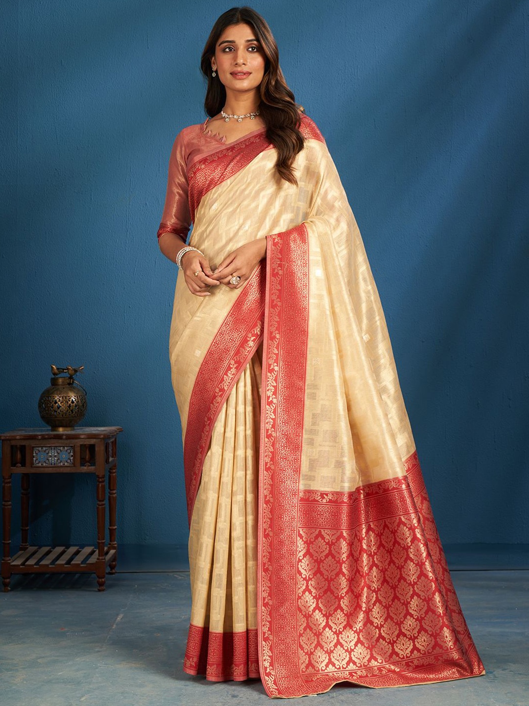 

SARHAGeometric Woven Tissue Saree, Beige