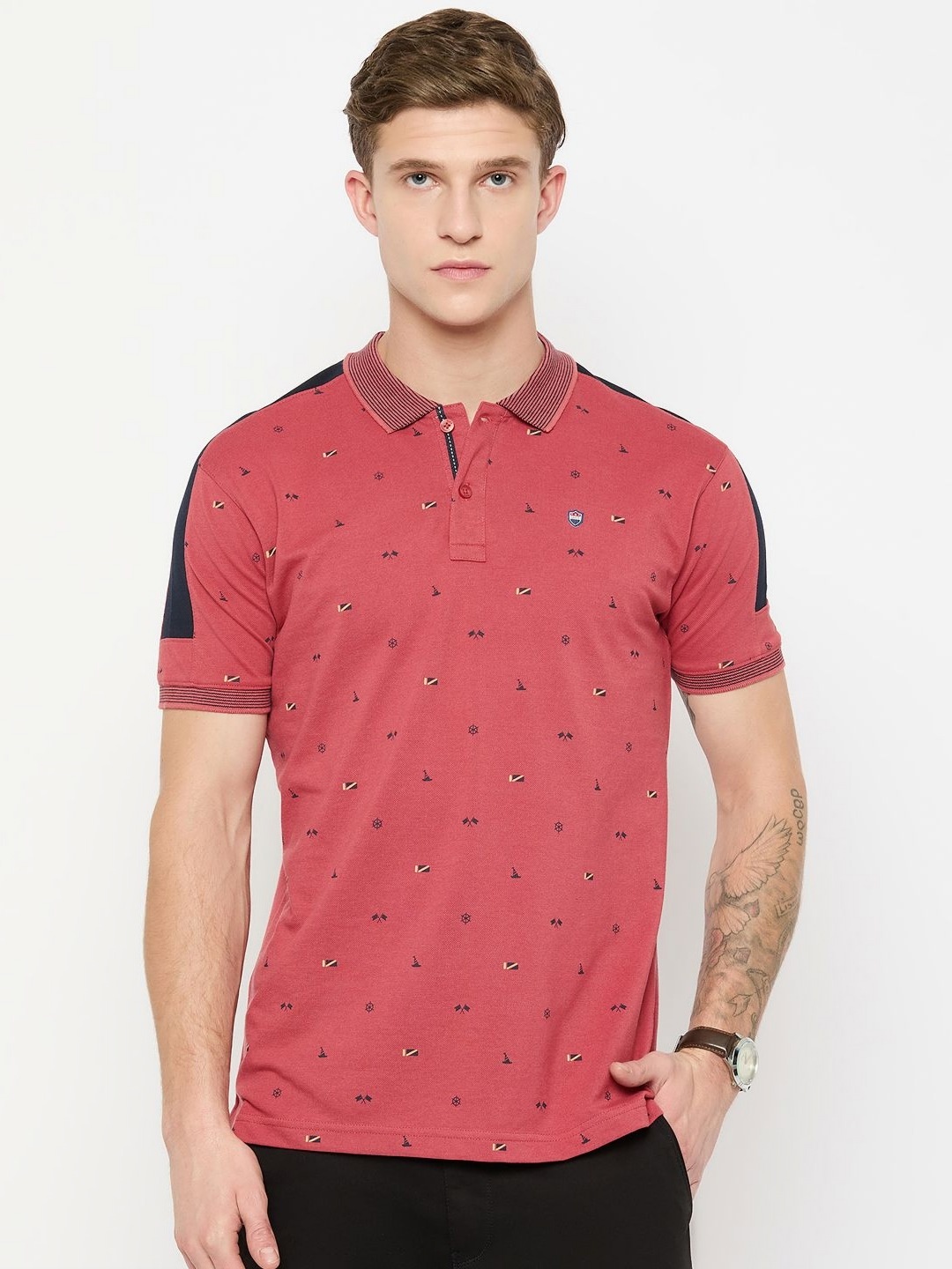 

Duke Men Conversational Printed Polo Collar Cotton Slim Fit T-shirt, Red