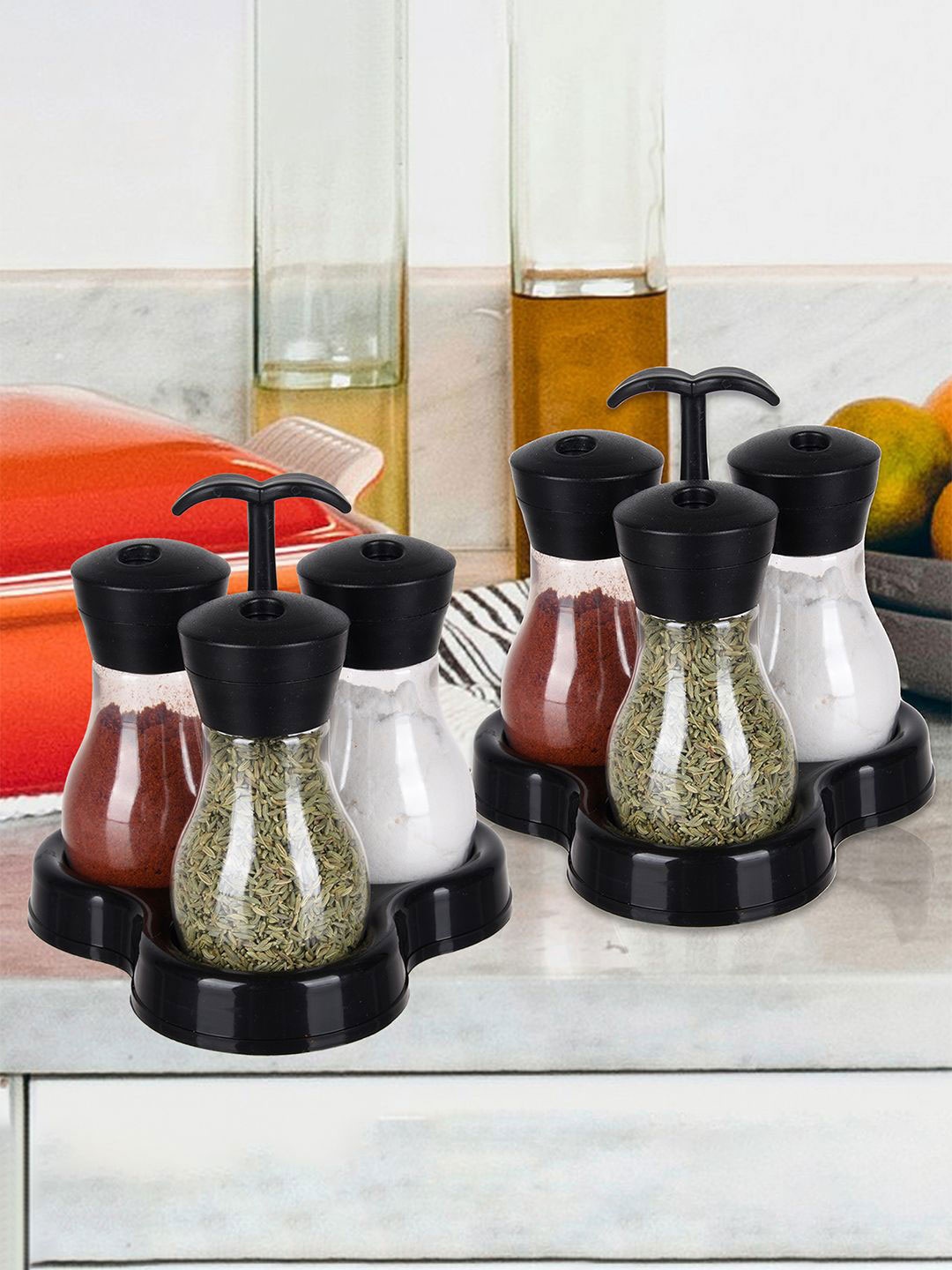 

Kuber Industries Black 2 Piece Spice Rack & 6 Containers Salt And Pepper Shakers