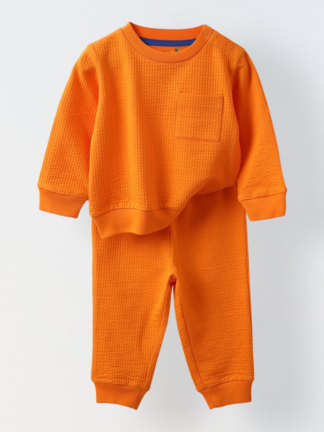 

SPUNKIES Boys Self Design Pure Cotton Sweatshirt with Joggers, Orange