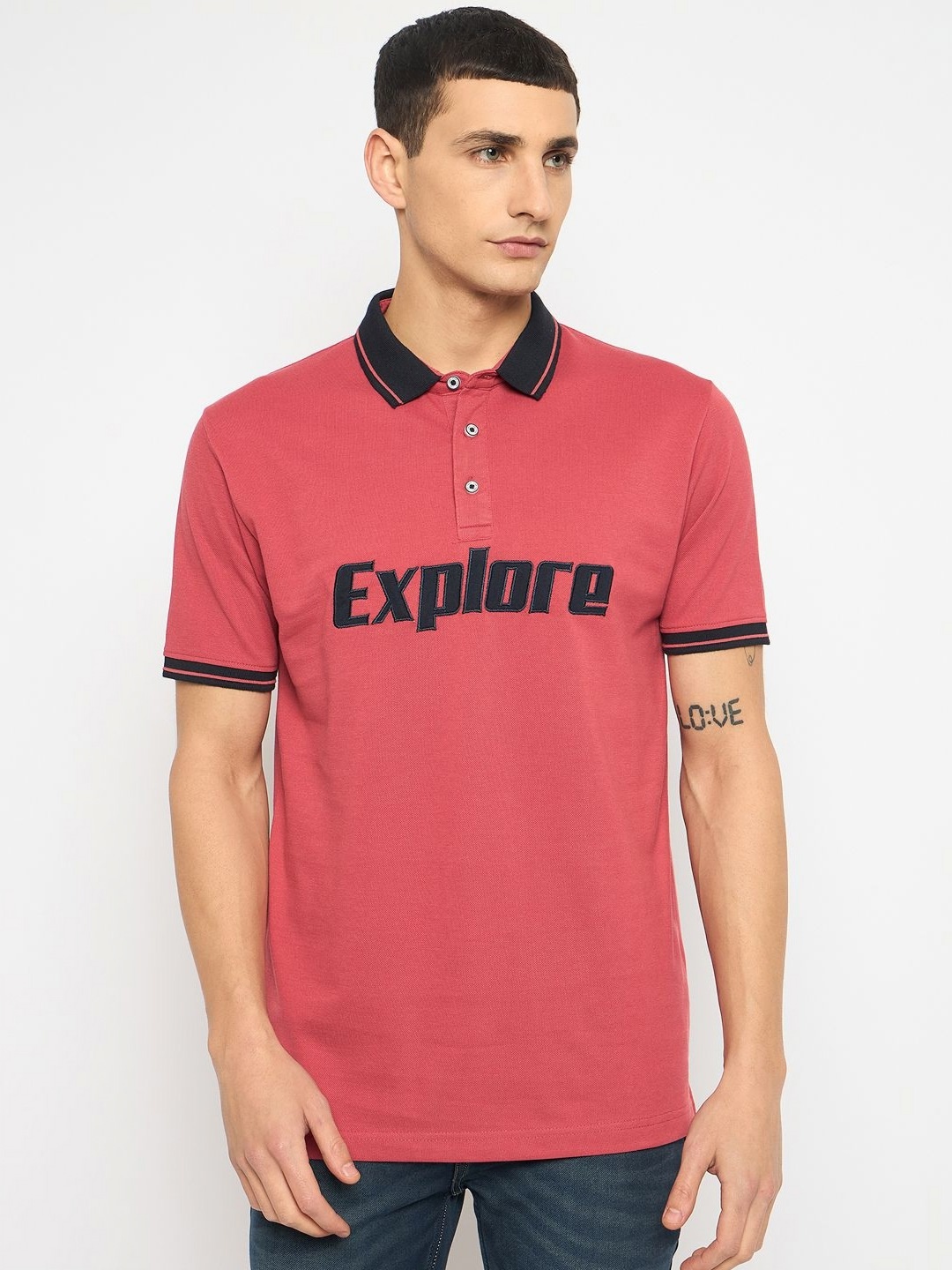 

Duke Men Typography Printed Polo Collar Cotton Slim Fit T-shirt, Red