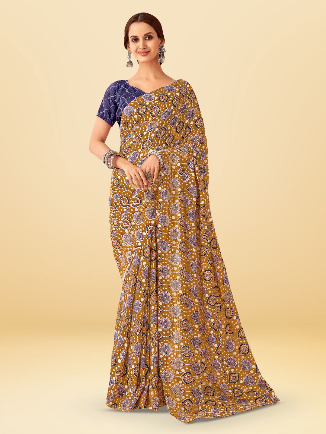 

SARHA Ajrak Block Printed Pure Georgette Saree, Mustard