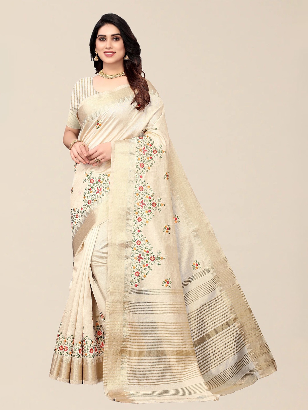 

DIVASTRI Floral Embroidered Silk Cotton Designer Banarasi Saree, Cream