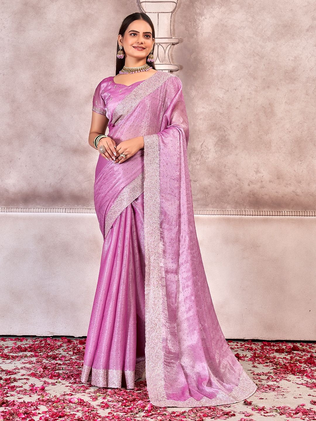 

DIVASTRI Embellished Beads and Stones Saree, Lavender