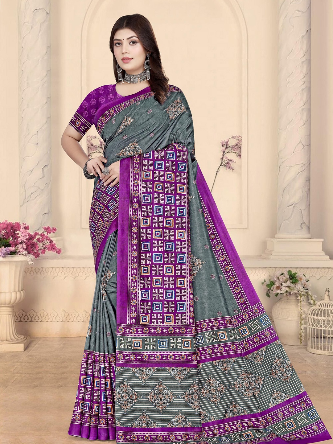 

WEAREZEE Ajrak Block Silk Blend Designer Mysore Silk Saree, Purple