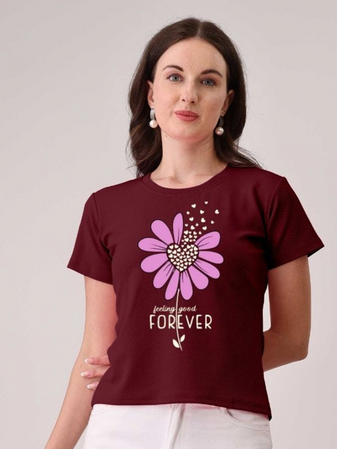 

Moda Rapido Women Floral Printed Round Neck Cotton T-shirt, Maroon