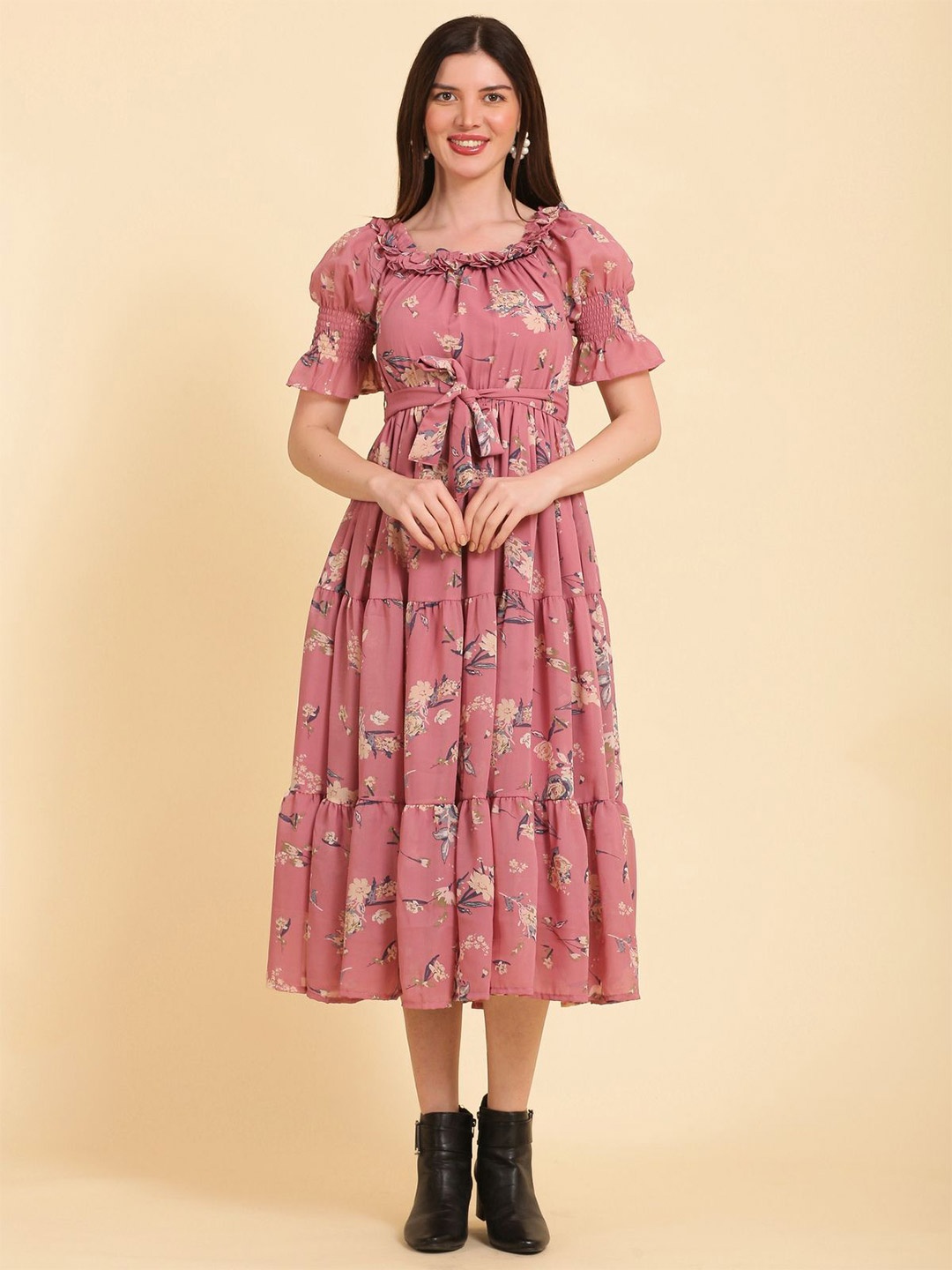 

NOUN Floral Print Puff Sleeve Georgette Fit & Flare Maxi Dress, Mauve