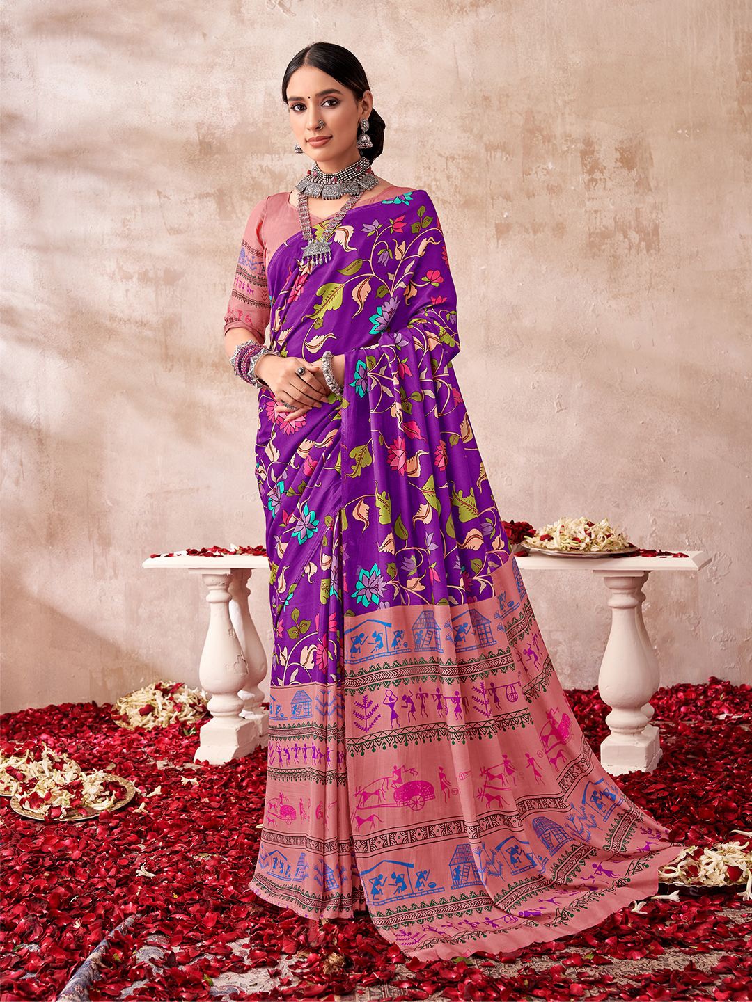 

SARHAKalamkari Pure Georgette Saree, Violet