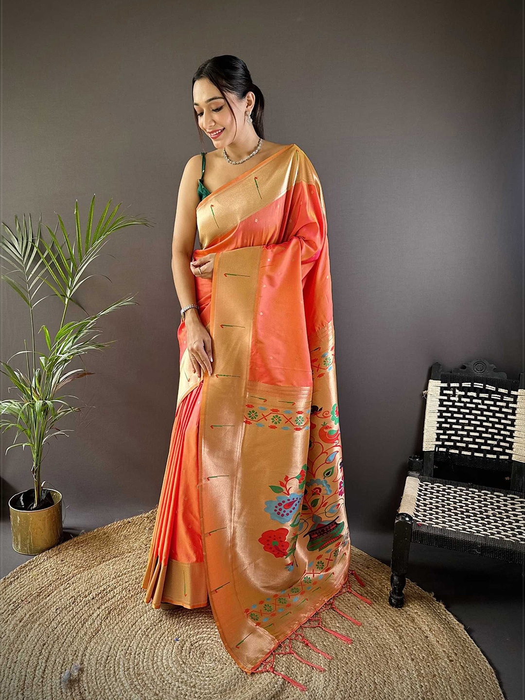 

Mitera Woven Design Zari Silk Blend Designer Paithani Saree, Peach