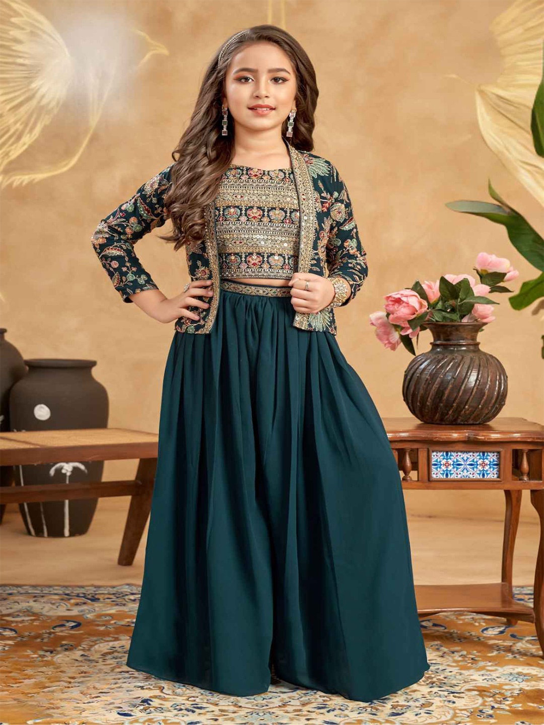 

Lagorii Luxe Girls Embroidered Blouse With Palazzo & Jacket, Teal