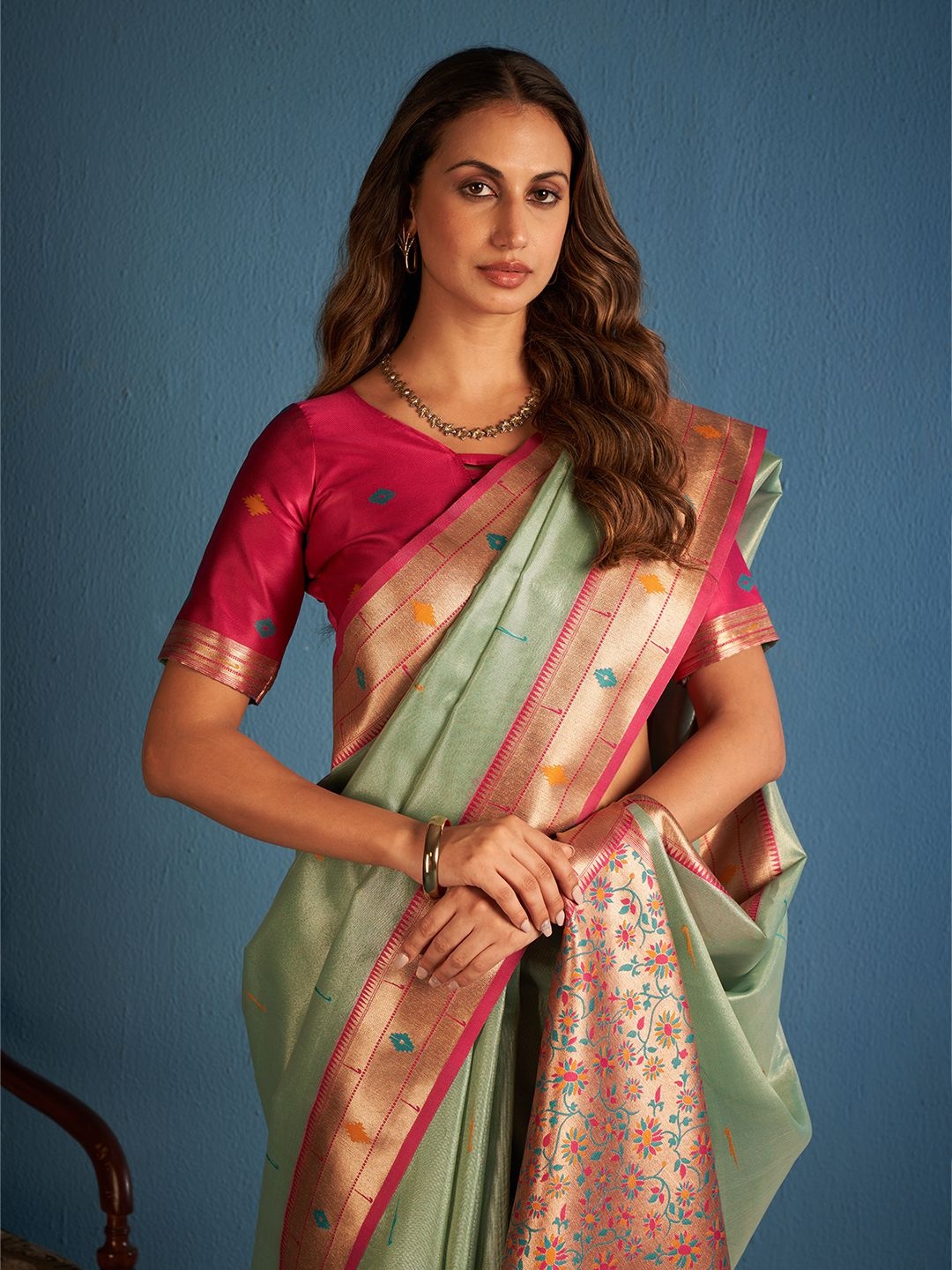 

SARHAFloral Tissue Paithani Saree, Green