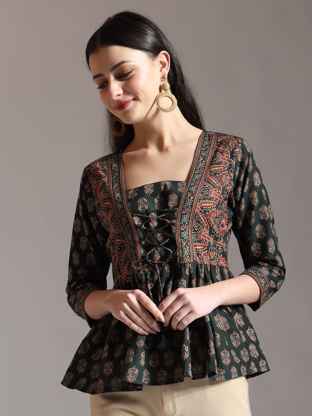 

Yufta Print Cotton Peplum Top, Green