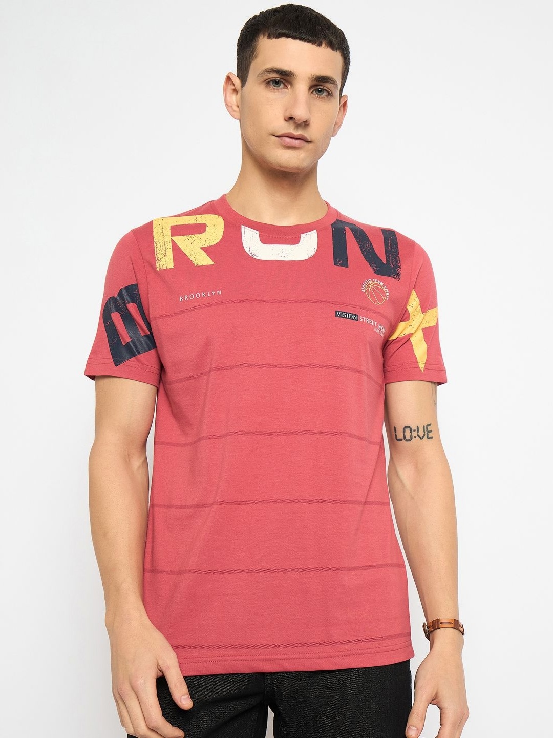 

Duke Men Striped Round Neck Cotton T-shirt, Red