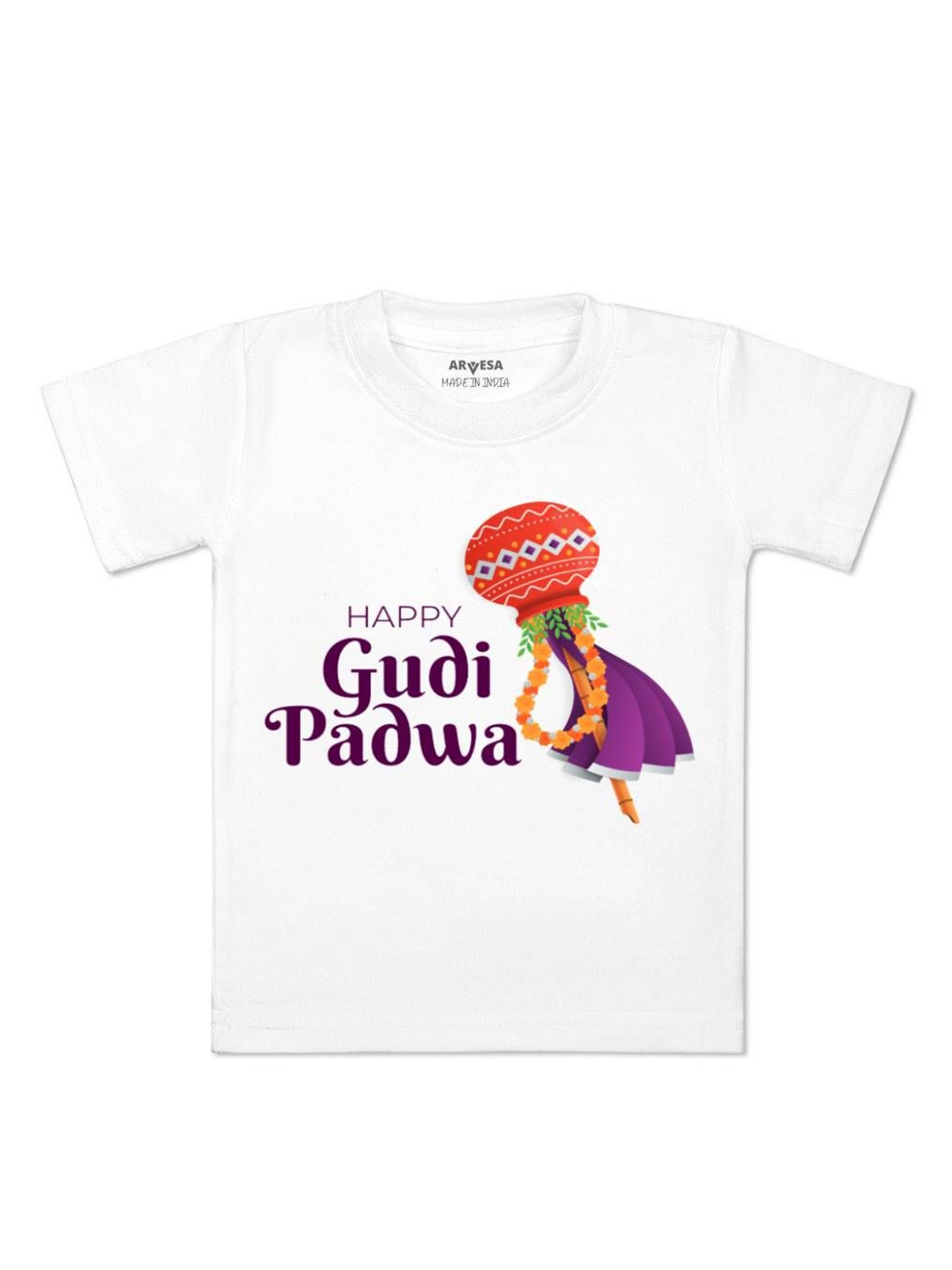 

Arvesa Happy Gudi Padwa Printed Kids Unisex T-shirt, White