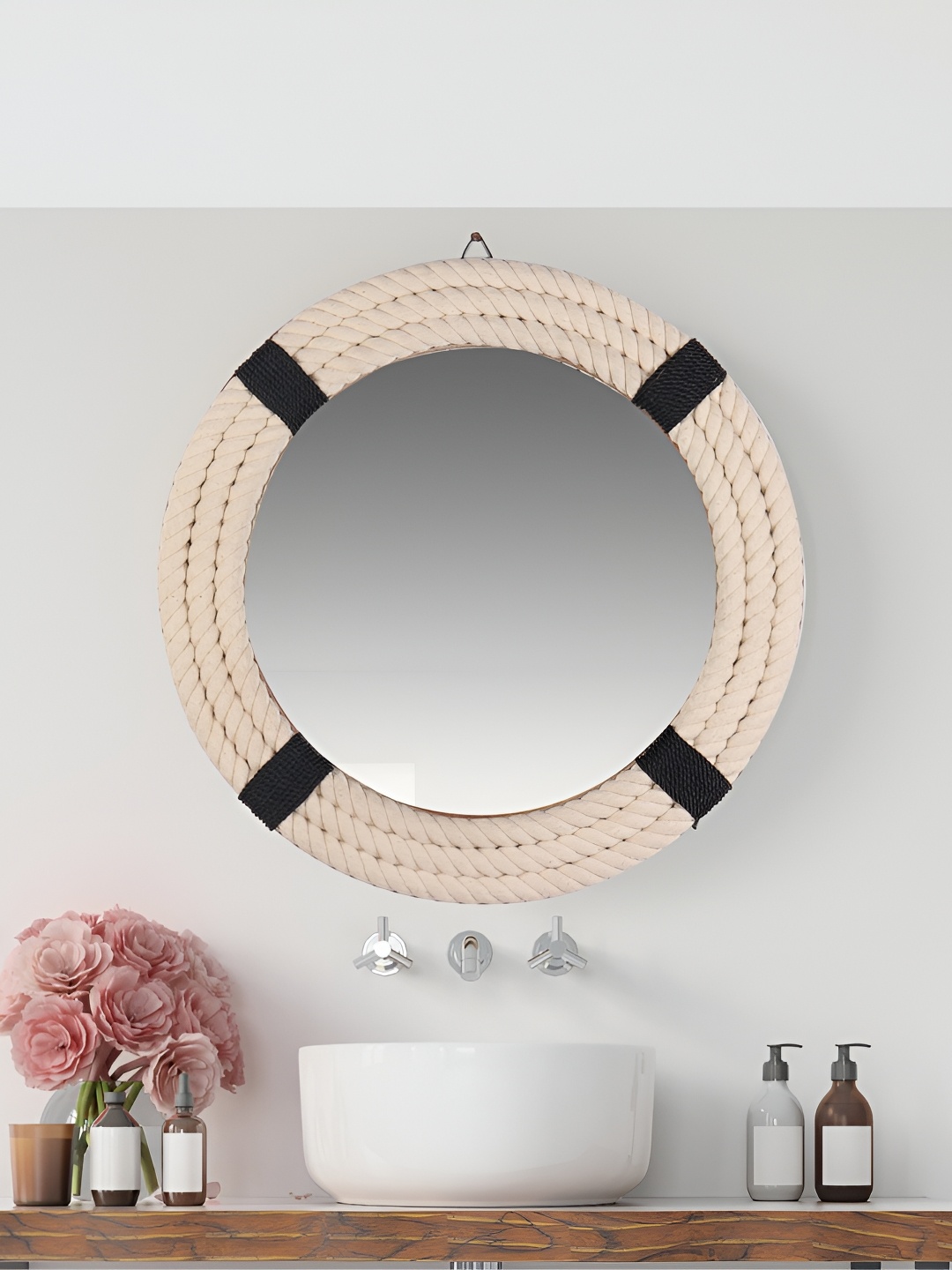 

Creation India Craft Beige & Black Braided Jute Round Wall Mirror, Transparent