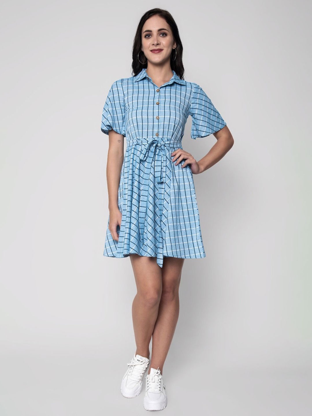 

SEVEN FLOWER Checked Fit & Flare Dress, Blue