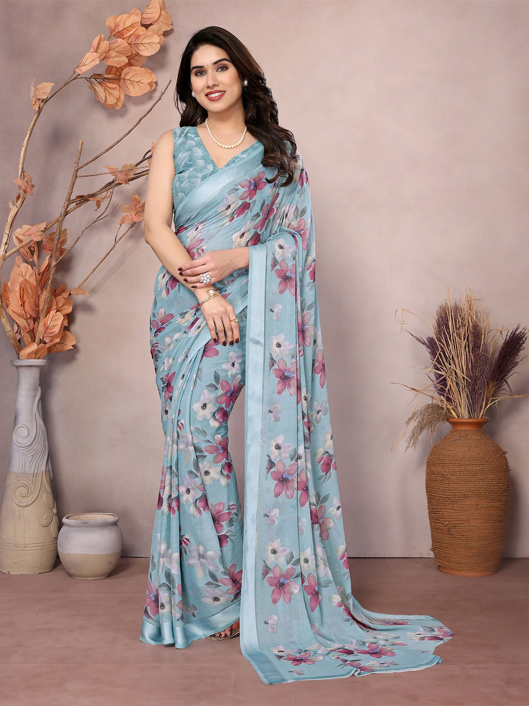 

Moda Rapido Floral Satin Saree, Blue