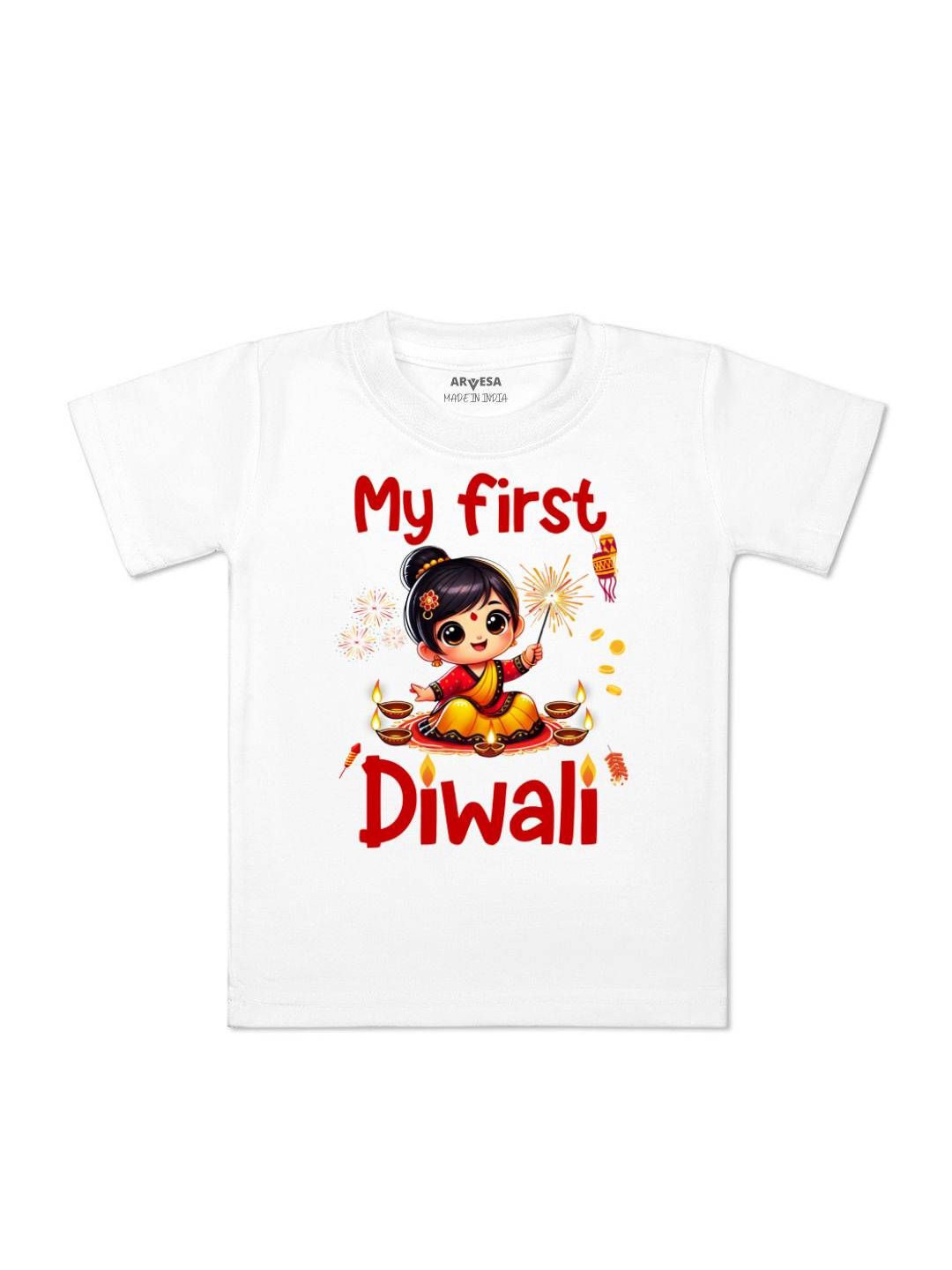 

Arvesa First Diwali Printed Kids Unisex T-shirt, White