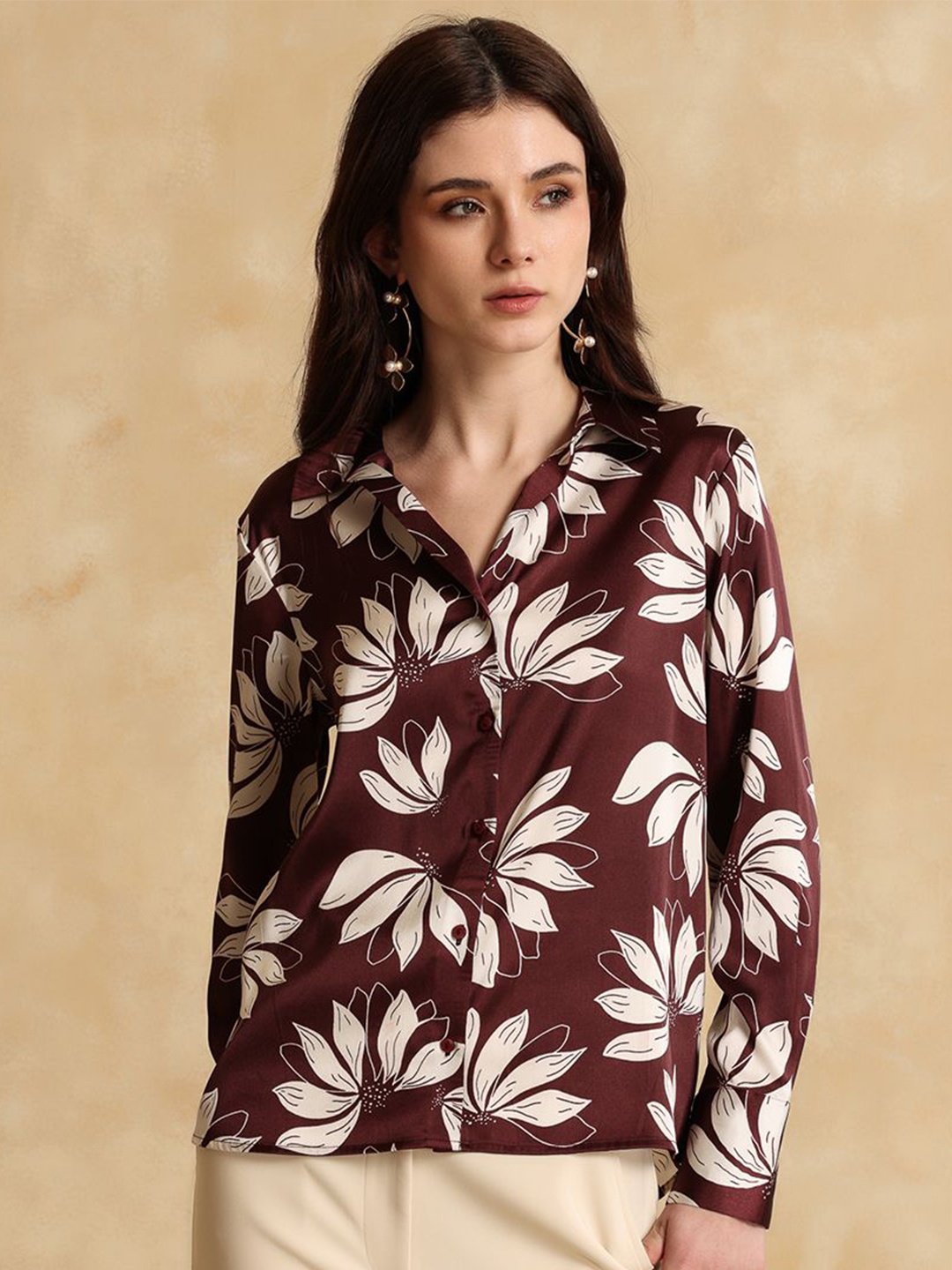 

Kazo Women Floral Opaque Printed Formal Shirt, Maroon