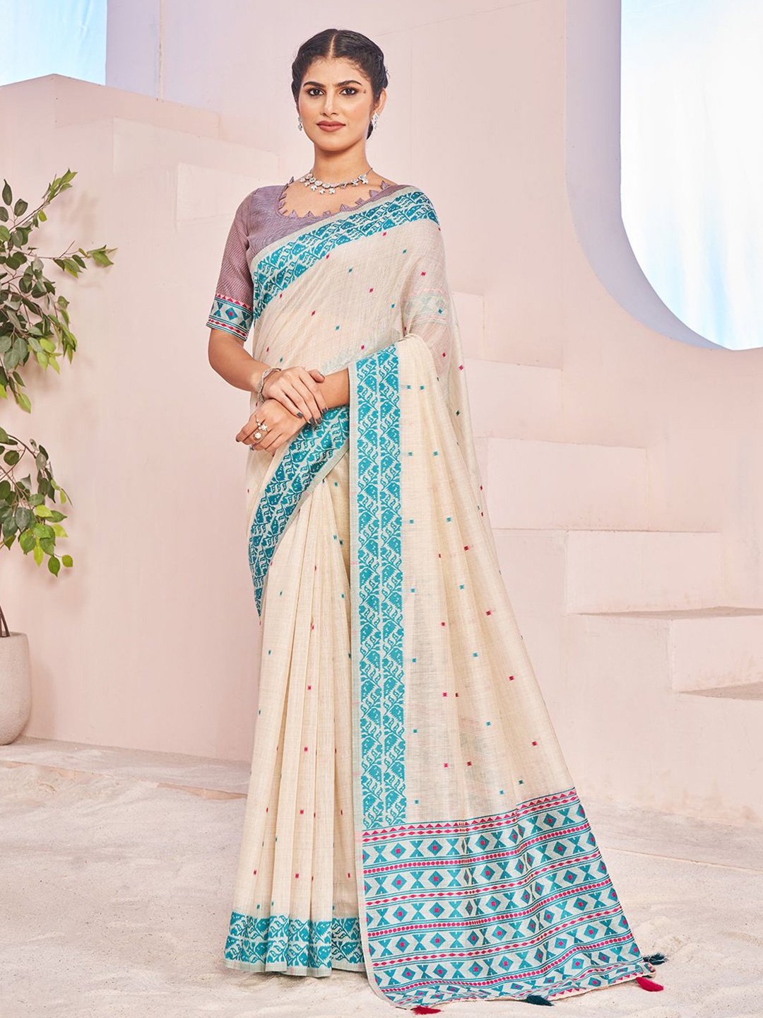 

SARHAFloral Woven Chanderi Saree, Off white