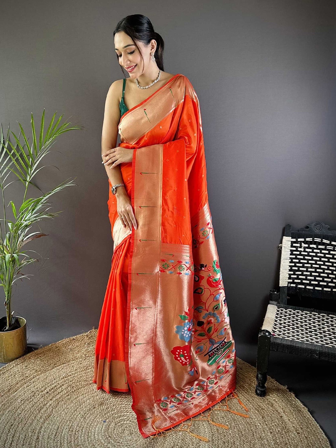 

Mitera Woven Design Zari Paithani Saree, Orange