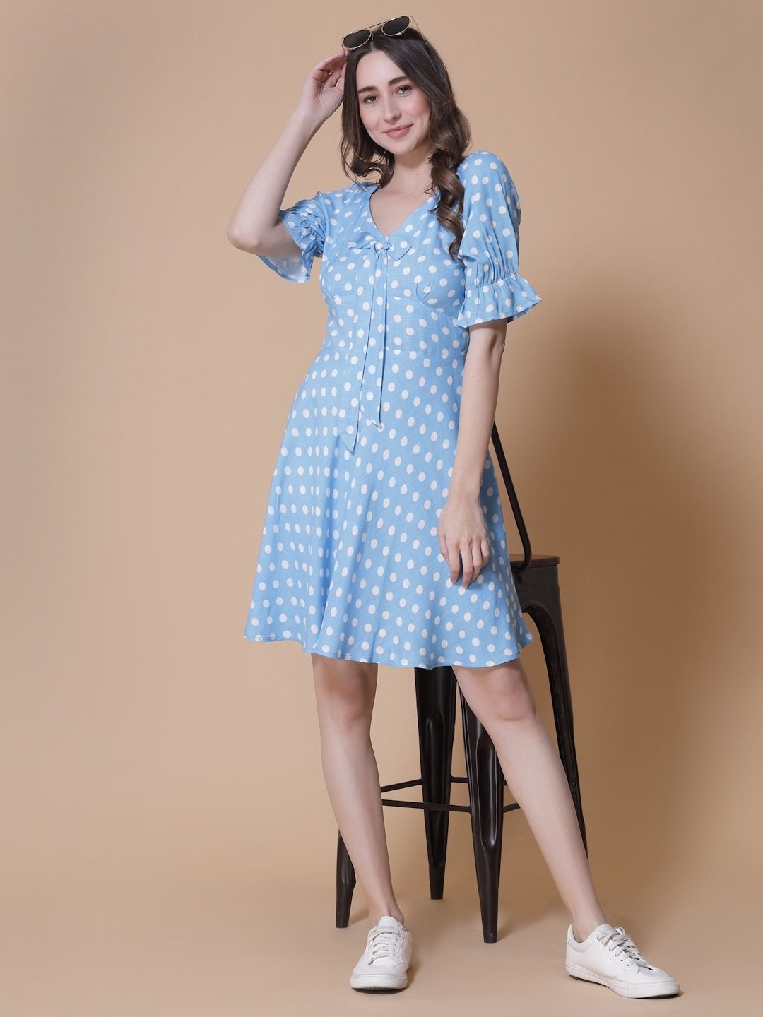 

SEVEN FLOWER Polka Dot Print Fit & Flare Dress, Blue