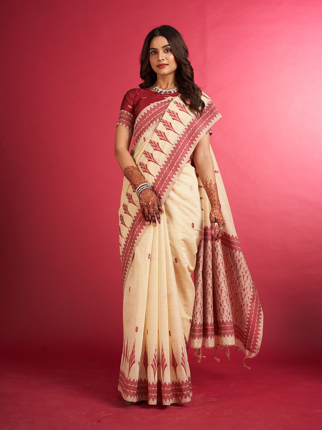 

SARHADesigner Chanderi Printed Woven Design Saree, Cream