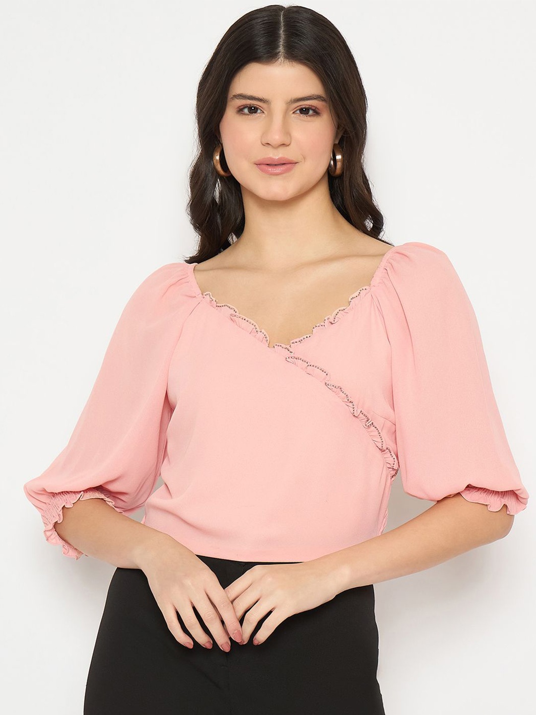 

Madame Women Cuffed Sleeves Top, Peach