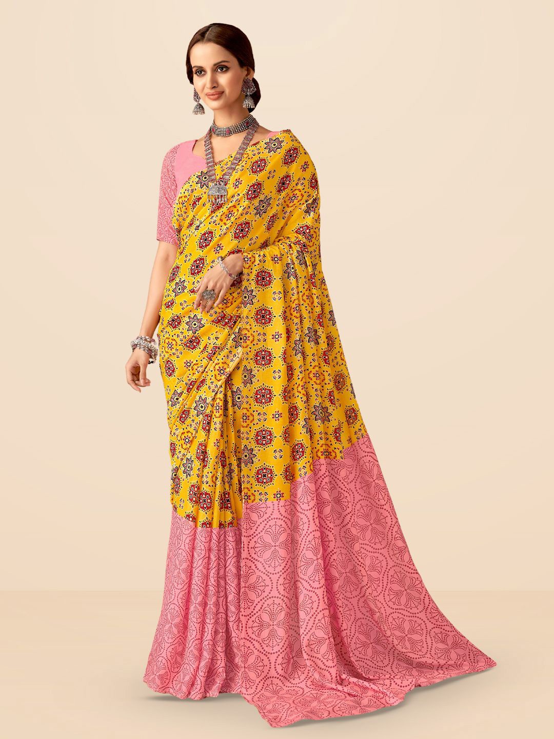 

SARHAFloral Pure Georgette Saree, Yellow
