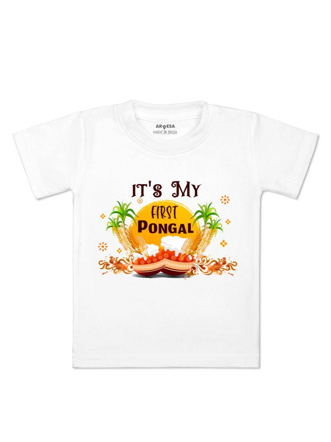 

Arvesa First Pongal Printed Kids Unisex T-shirt, White