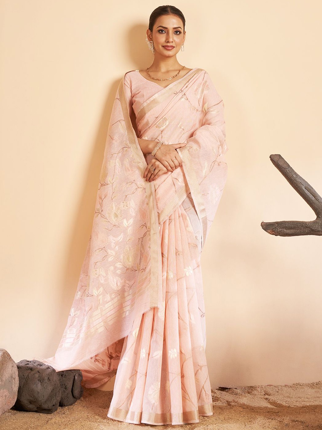 

SARHAFloral Woven Cotton Saree, Pink