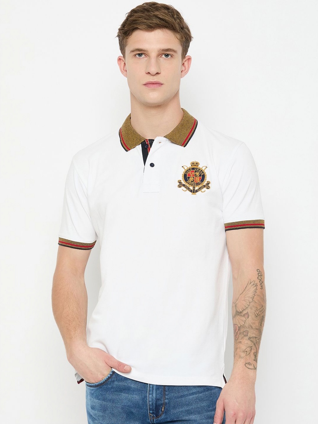 

Duke Men Solid Polo Collar Cotton Slim Fit T-shirt, White
