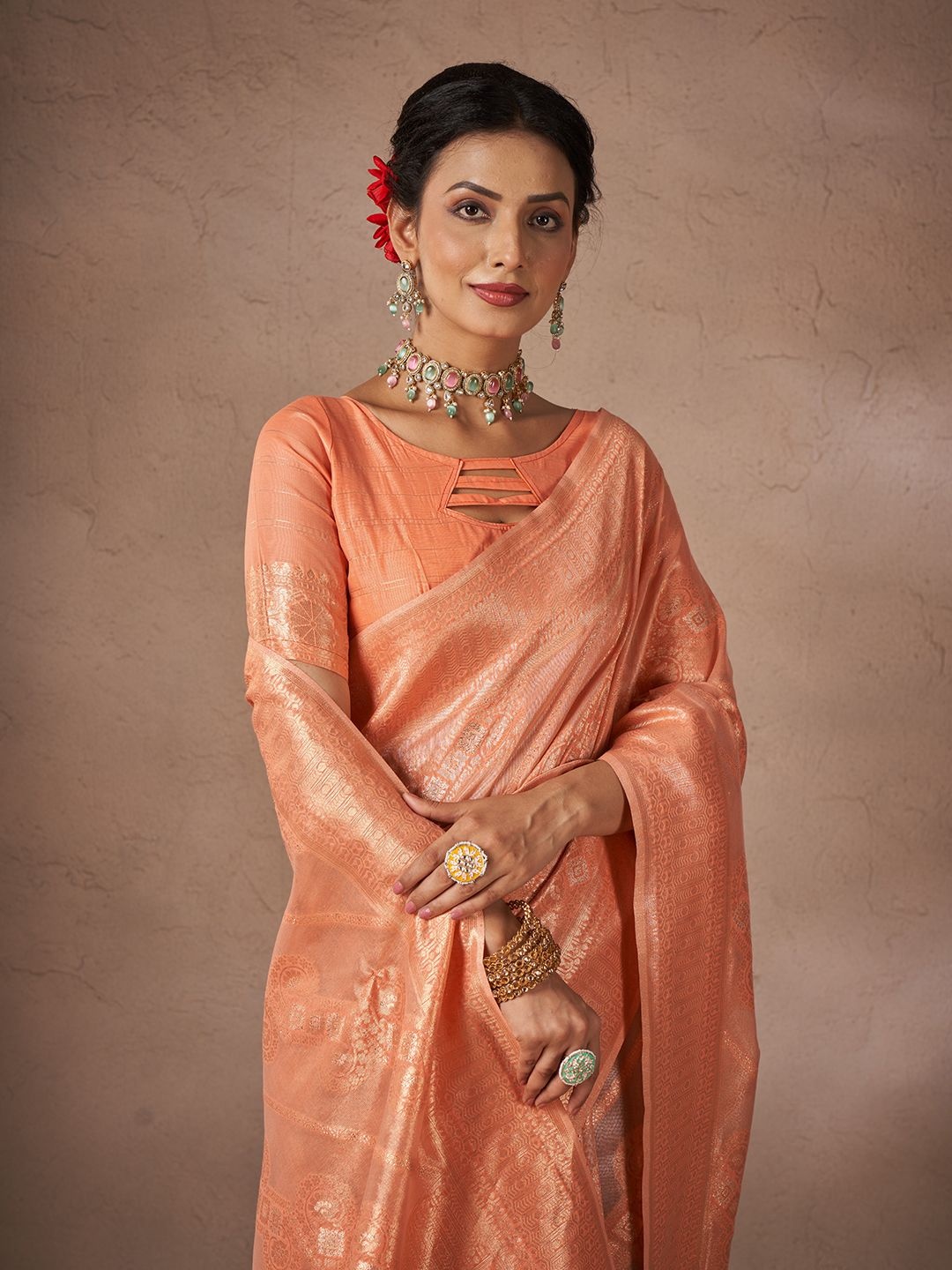 

SARHAFloral Woven Cotton Saree, Orange