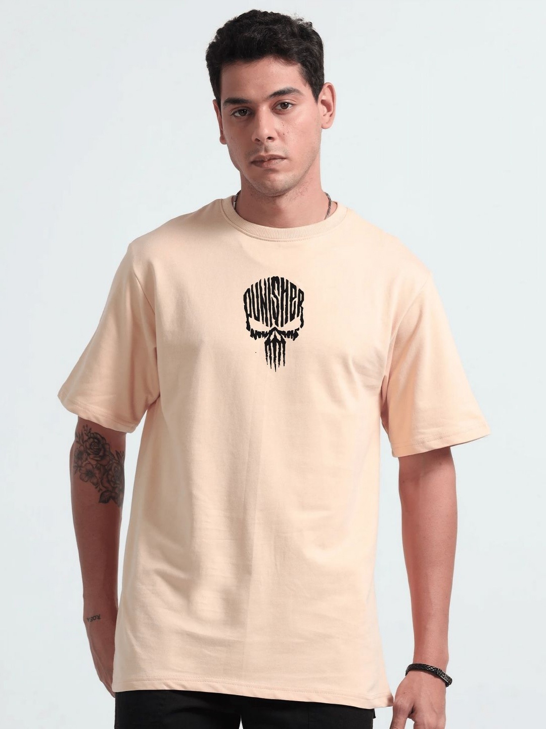 

GSPO Men Typography Printed Raw Edge T-shirt, Beige